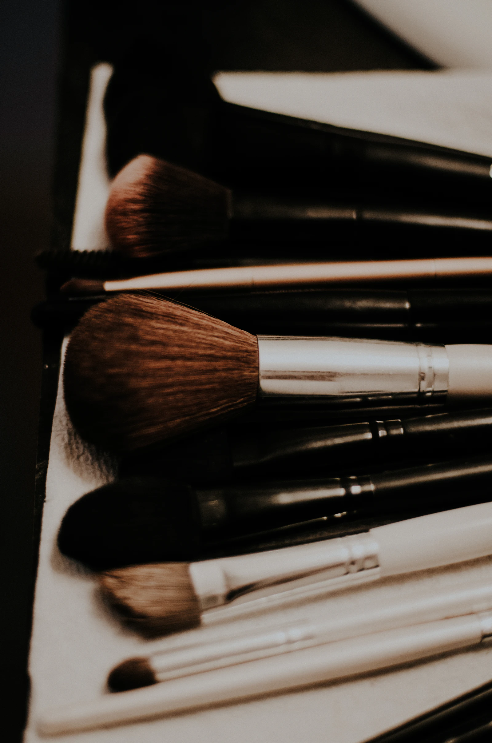Pennelli professionali da trucco disposti su un piano di lavoro